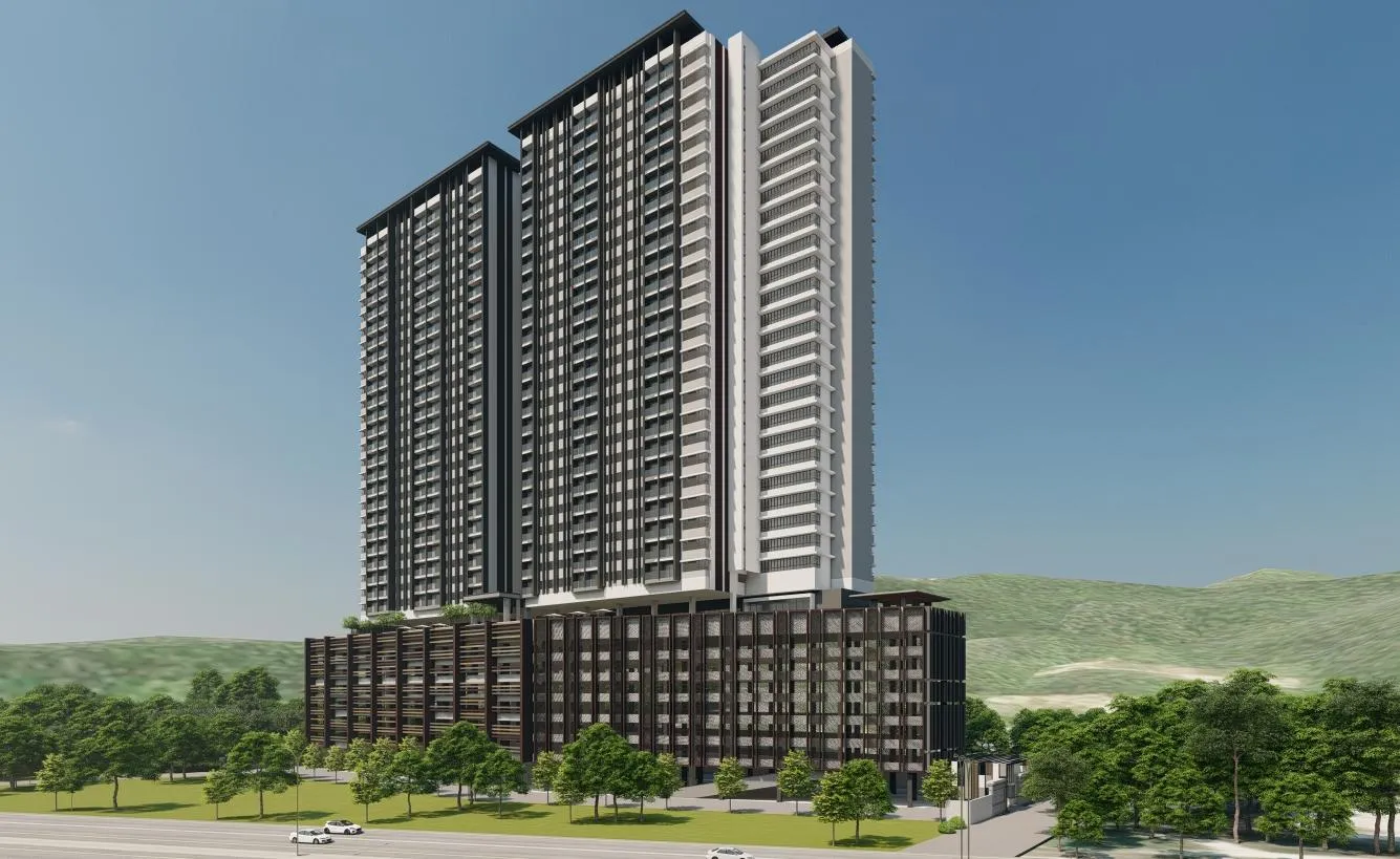 Architectural render of the Suasana Hills apartment towers set against the Gombak hillside