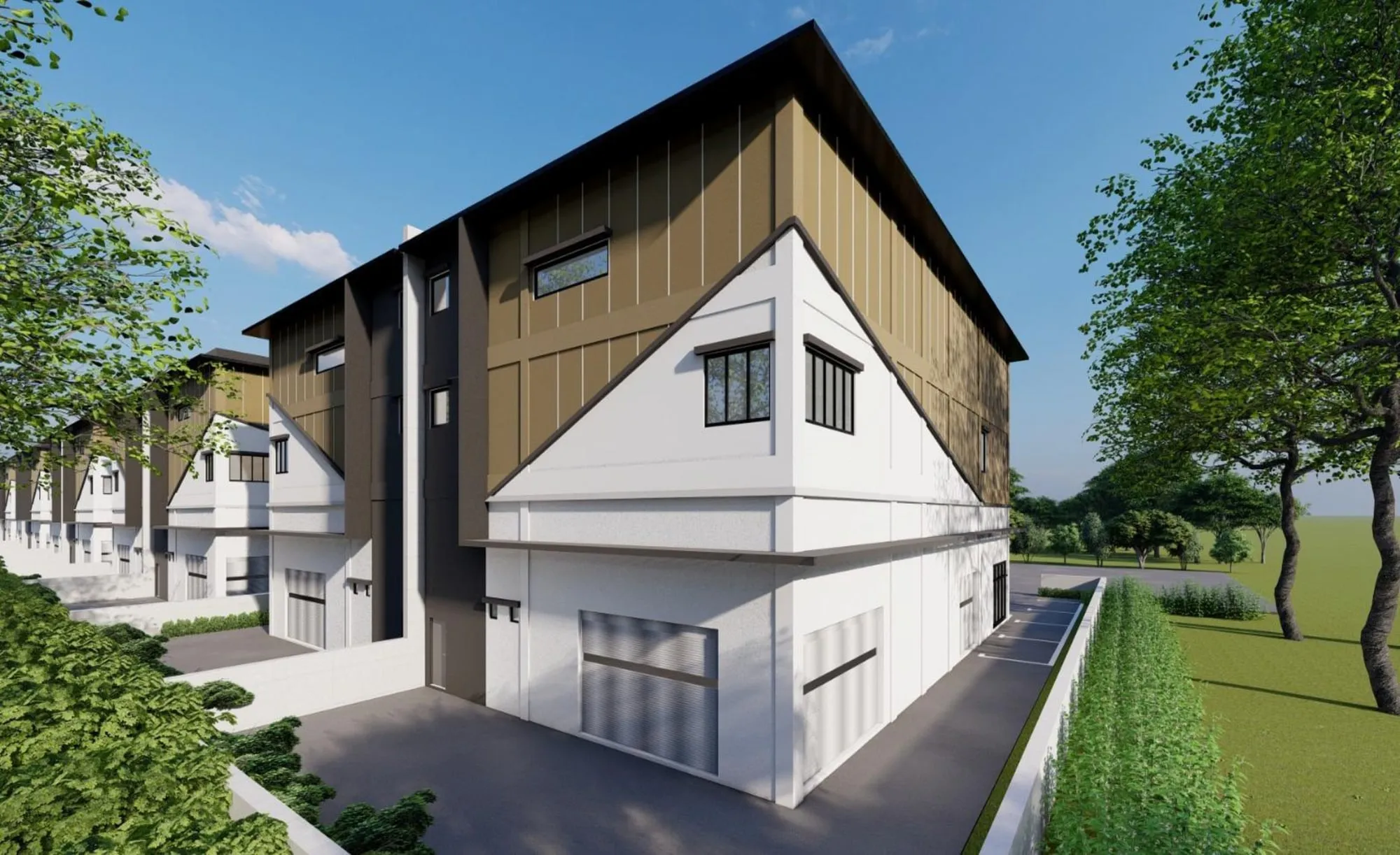 Artist impression of a Suria 22 corner factory unit showing the bronze clad upper floors and white gable frontage